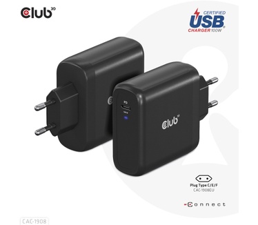 Club 3D Travel Charger 100 Watt GAN technology, USB-IF TID certified, Single port USB Type-C, Power Delivery(PD) 3.0 Support