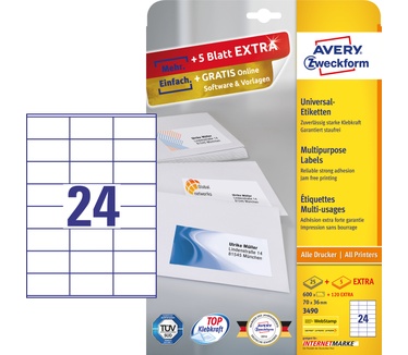 Avery Universele Etiketten, wit, 70,0 x 36,0 mm, permanent klevend