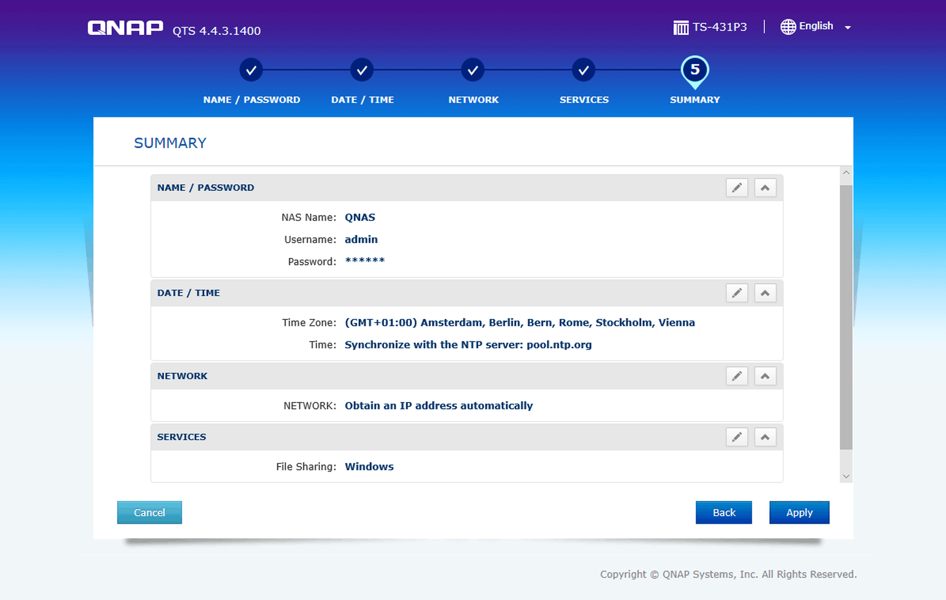 QNAP setup wizard