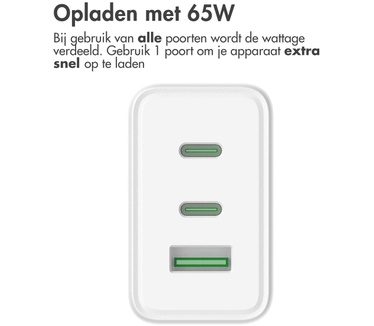Accezz Power Pro GaN Ultra Fast Wall Charger - Oplader 2x USB-C & USB aansluiting - Snellader - Power Delivery - 65W - Wit
