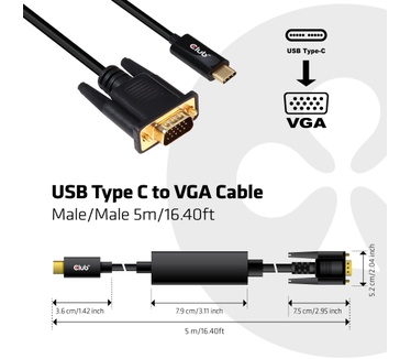 Club 3D USB Type C to VGA Active Cable M/M 5m/