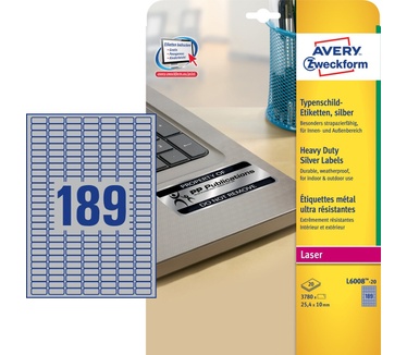 Avery Ultra-sterke etiketten, zilver, 25,4 x 10,0 mm, permanent klevend