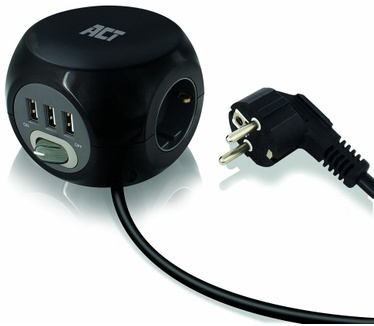 ACT Stopcont Kubus 3-USB Zwart