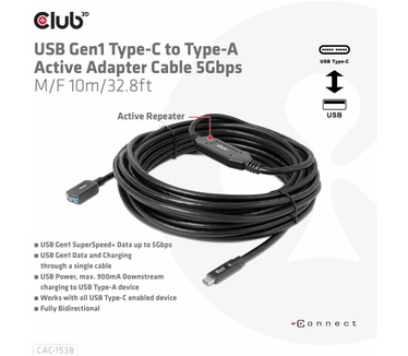 Club 3D USB Gen1 Type-C to Type-A Active Adapter Cable 5Gbps M/F 10m/32.8ft