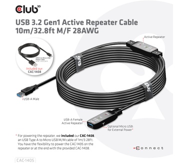 Club 3D USB 3.2 Gen1 Active Repeater Cable 10m / 32.8ft M/F 28AWG