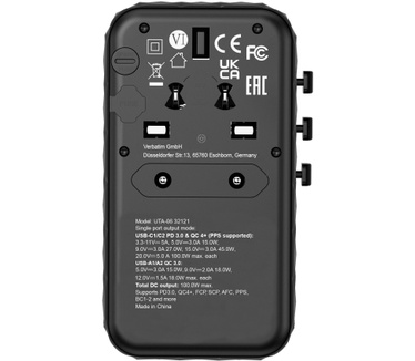 Verbatim GaN III universele reisadapter UTA-06 Met 2 x USB-C PD & QC 4+ & 2 x USB-A QC 3.0 poorten