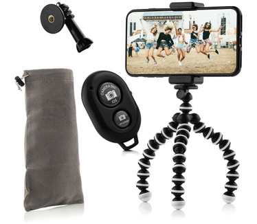 Mojogear Flexibel mini-statief met extra flexibele poten KIT: incl. telefoonhouder, bluetooth remote, GoPro-adapter & opbergzakje