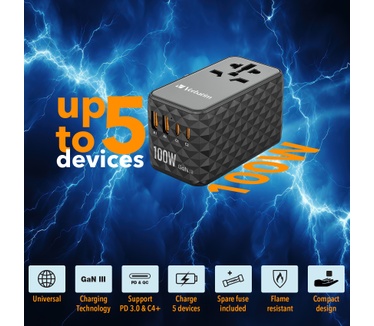 Verbatim GaN III universele reisadapter UTA-06 Met 2 x USB-C PD & QC 4+ & 2 x USB-A QC 3.0 poorten