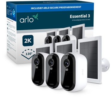 Arlo Arlo Essential 3 2K-beveiligingscamera, 3-cam met Zonnepaneel Oplader