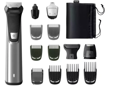 Philips Multigroom Series 7000 14 hulpstukken 14-in-1, gezicht, haar en lichaam. Kleur van het product: Grijs, Minimale haarlengte: 3 mm, Maximale haarlengte: 7 mm. Gebruikstijd: 180 min, Type accu/batterij: Ingebouwde accu, Oplaadtijd: 1 uur. Verbinding