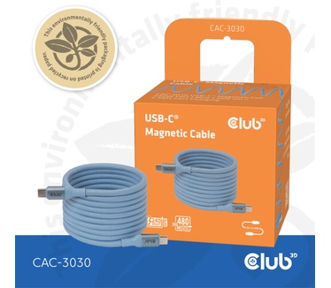 Club 3D USB-C® Magnetic-Coil 240W PD3.1 Blue Cable 2m / 6.56ft Fast Charging