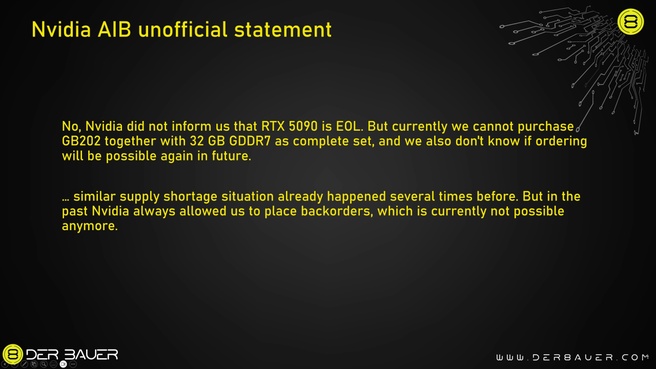 AIB-statement over Nvidia RTX 5090, oktober 2026. Bron: der8auer
