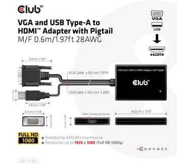 Club 3D VGA and USB Type-A to HDMI Adapter with Pigtail M/F 0.6m/1.97ft 28AWG