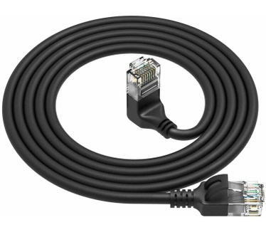 ACT Zwarte 2 meter U/UTP CAT6A LSZH slimline patchkabel met RJ45 connectoren, recht naar 90° haaks boven