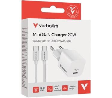Verbatim Mini GaN-oplader 20 W bundel met USB-C kabel