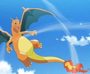 Pickmos naast Pokémon's Charizard