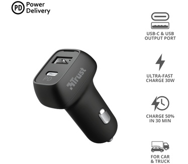 Trust Qmax 30W Ultra-Fast USB-C & USB Car Charger with PD