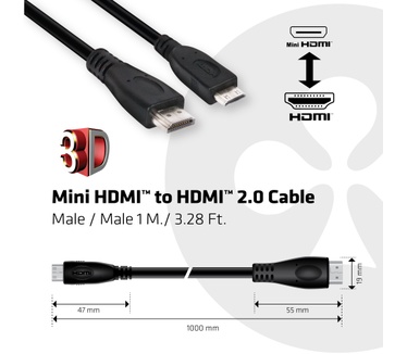 Club 3D Mini HDMI to HDMI 2.0 Cable 1Meter Male/Male Zwart