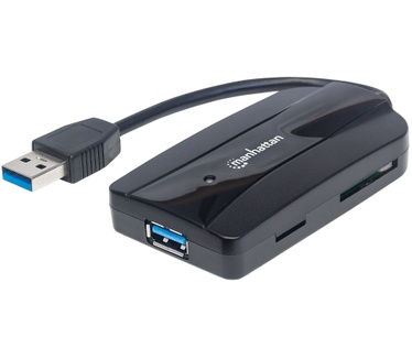 Manhattan USB 3.0 Hub and Card Reader/Writer, 3x USB 3.0 Ports, Supports MicroSD, SD and MMC Memory Cards, Bus Powered, Windows and Mac, Black, Blister