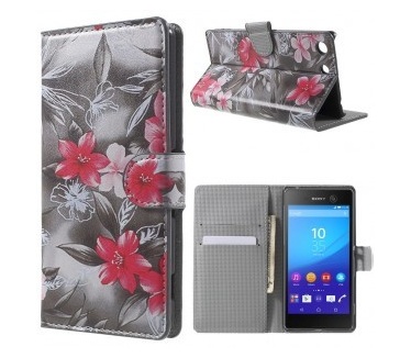 qMust Sony Xperia M5 Wallet Case - hoesje met stand - Flowers Grey
