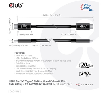 Club 3D USB4 Gen2x2 Type-C Bi-Directional Cable 4K60Hz, Data 20Gbps, PD 240W(48V/5A) EPR M/M 2m USB IF GECERTIFCIEERD