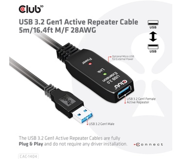 Club 3D USB 3.2 Gen1 Active Repeater Cable 5m/ 16.4 ft M/F 28AWG