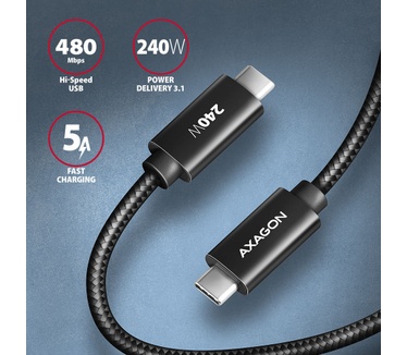 Axagon BUCM2-CM30AB Ladekabel USB-C zu USB-C 2.0, 3 m, PD 240 W 5 A, ALU - Schwarz - 3 Meter langes USB-C zu USB-C Kabel - Daten- und Ladefähig