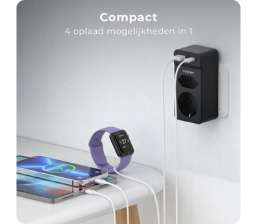 Voomy Verdeelstekker - 1 USB-C & 1 USB-A Poort - 2 stopcontacten - 4000W - Zwart