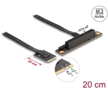 Delock 64219 M.2 Key A+E to PCIe x8 NVMe Adapter angled with 20 cm cable
