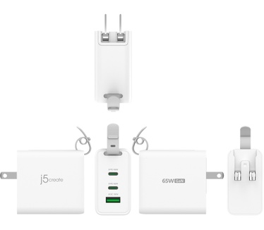 j5create 65 W GaN USB-C 3-poorts Traveler Charger met verwisselbare AC-stekkers en USB-C-kabel