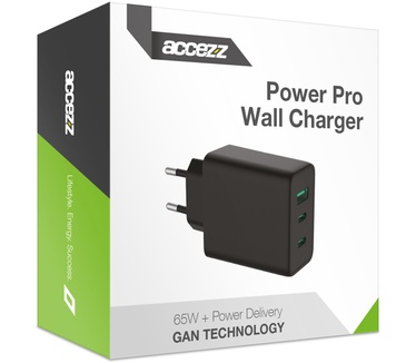 Accezz Power Pro GaN Ultra Fast Wall Charger - Oplader 2x USB-C & USB aansluiting - Snellader - Power Delivery - 65W - Zwart