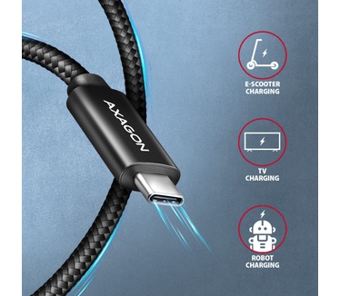 Axagon BUCM2-CM30AB Ladekabel USB-C zu USB-C 2.0, 3 m, PD 240 W 5 A, ALU - Schwarz - 3 Meter langes USB-C zu USB-C Kabel - Daten- und Ladefähig
