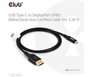 Club 3D USB Type-C Cable to DP 2.1 Bi-Directional VESA DP80 Certified Cable M/M 1m/3.28ft