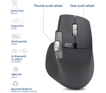 ACT Draadloze multi-connect muis Bluetooth en USB ontvanger, oplaadbaar, 4800 DPI met stille klik, snel scrolwiel en duimscrolwiel, gemaakt van gerecyclede materialen AC5147