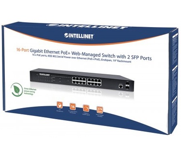 Intellinet 16-Port Gigabit Ethernet PoE+ Web-Managed Switch with 2 SFP Ports, IEEE 802.3at/af Power over Ethernet (PoE+/PoE) Compliant, 374 W, Endspan, 19" Rackmount (Euro 2-pin plug)