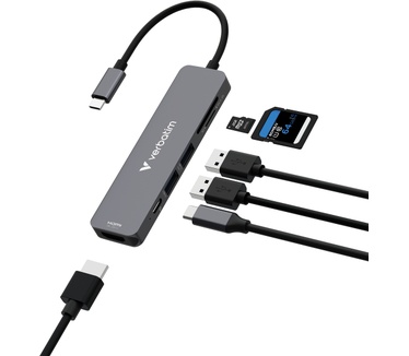 Verbatim USB-C essentiële multipoort hub 6 poorten: HDMI, USB-C PD, USB-A 3.2 Gen 1, USB-A, SD & microSD