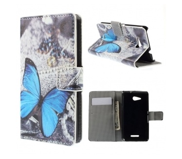 qMust Sony Xperia E4g wallet case - hoesje met stand - Blue Butterfly
