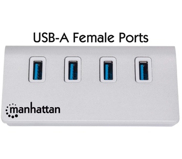 Manhattan USB-A Hub, 4x USB-A Ports, 5 Gbps (USB 3.2 Gen1), Bus Powered, Fast charging up to 0.9A, Aluminium Housing, Windows and Mac, Silver, Blister