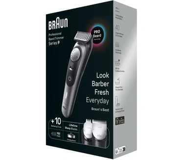 Braun Series 9 BeardTrimmer Baardtrimmer Series 9 BT9420, Trimmer Met Kapperstools en 180 Minuten Gebruiksduur. Minimale haarlengte: 0,5 mm, Maximale haarlengte: 2 cm, Soort bediening: Knoppen, Draaiknop. Kleur van het product: Zwart, Grijs. Stroombron: B