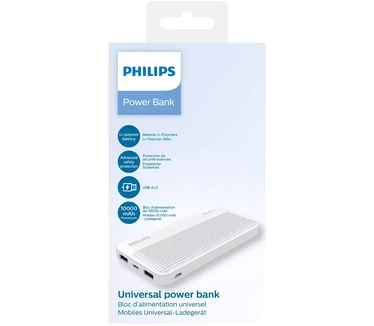 Philips Powerbank 10.000 mAh DLP7719N/04 - 2 USB-A Uitgangen - Micro-USB en USB-C Ingangen - Incl. Micro-USB Kabel - 20 x 11 x 3 CM - Wit