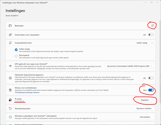 Instellingen voor Windows-subsysteem voor Android