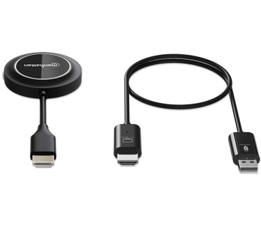 Manhattan Draadloze HDMI-presentatieset 1080p, 2-delige set met HDMI-ontvanger en HDMI-zender (dongle), voor draadloze videoweergave vanaf laptop, tablet of smartphone naar tv of HDMI-projector, zwart