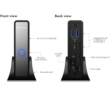 Icy Box Enclosure for 3,5" or 2,5" HDD/SSD with USB 3.2 (Gen 2) Type-C® interface and USB Hub Zwart