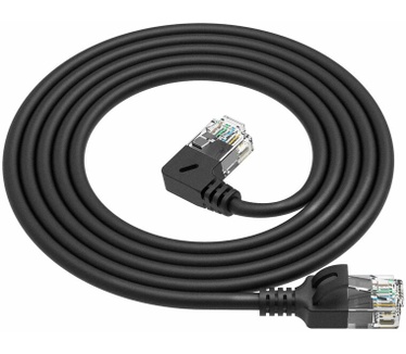 ACT Zwarte 2 meter U/UTP CAT6A LSZH slimline patchkabel met RJ45 connectoren, recht naar 90° haaks links