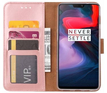 Luxe Lederen Bookcase hoesje voor de OnePlus 6 - Metallic Roze (OnePlus 6) Rosé Goud