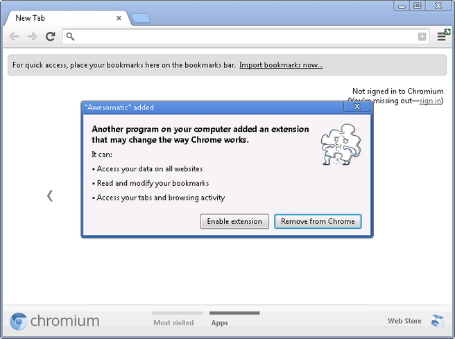 Chrome 25 dialoogvenster extensies