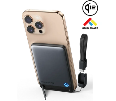 INIU , Powerbank 5.000 mAh - Geschikt voor MagSafe - MagPro Slim Qi2 15W - Met Standaard & USB-C Kabel, Oranje