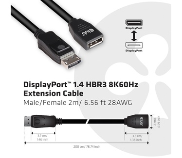 Club 3D DisplayPort 1.4 HBR3 Extension Cable 8K60Hz M/F 2m/6.56ft Zwart