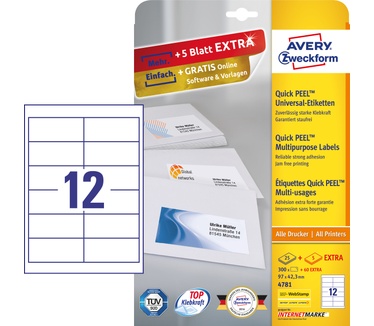 Avery Universele Etiketten, wit, 97,0 x 42,3 mm, permanent klevend