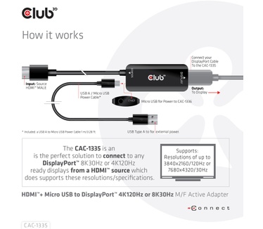 Club 3D HDMI + Micro USB to DisplayPort™ 4K120Hz or 8K30Hz M/F Active Adapter